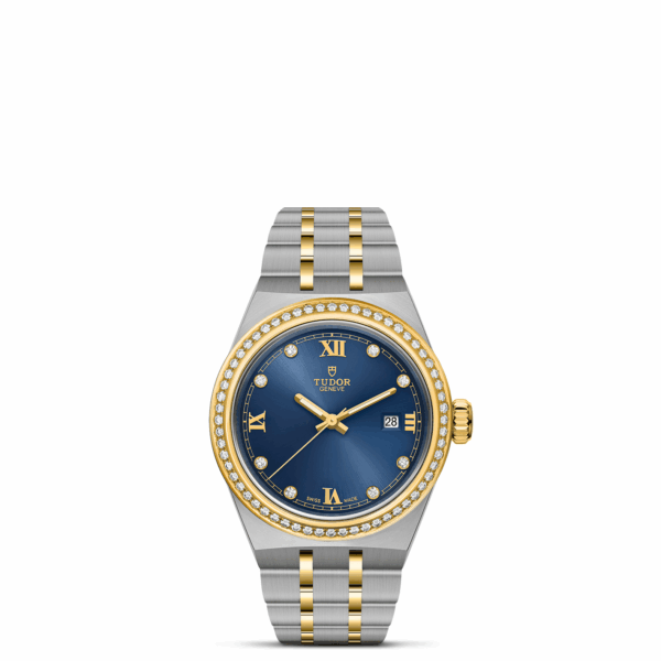 TUDOR Royal Boîtier en acier 28 mm Lunette en or jaune sertie de 60 diamants Cadran serti de diamants