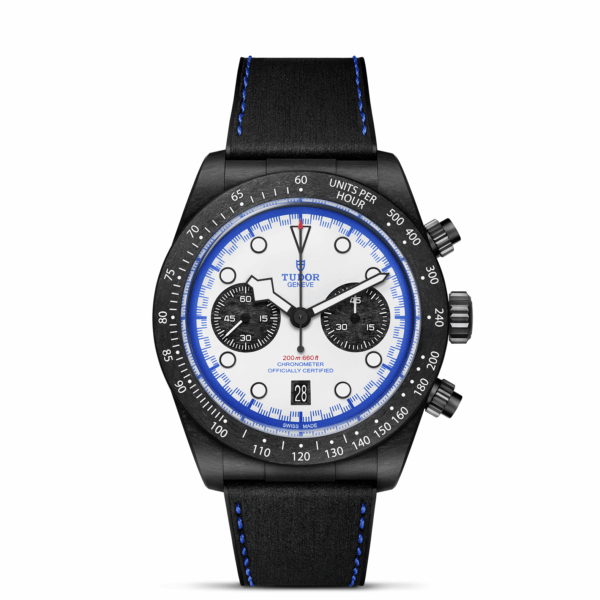 TUDOR Black Bay Chrono Boîtier en carbone noir 42 mm Cadran blanc Bracelet hybride en cuir et caoutchouc avec motif pneus