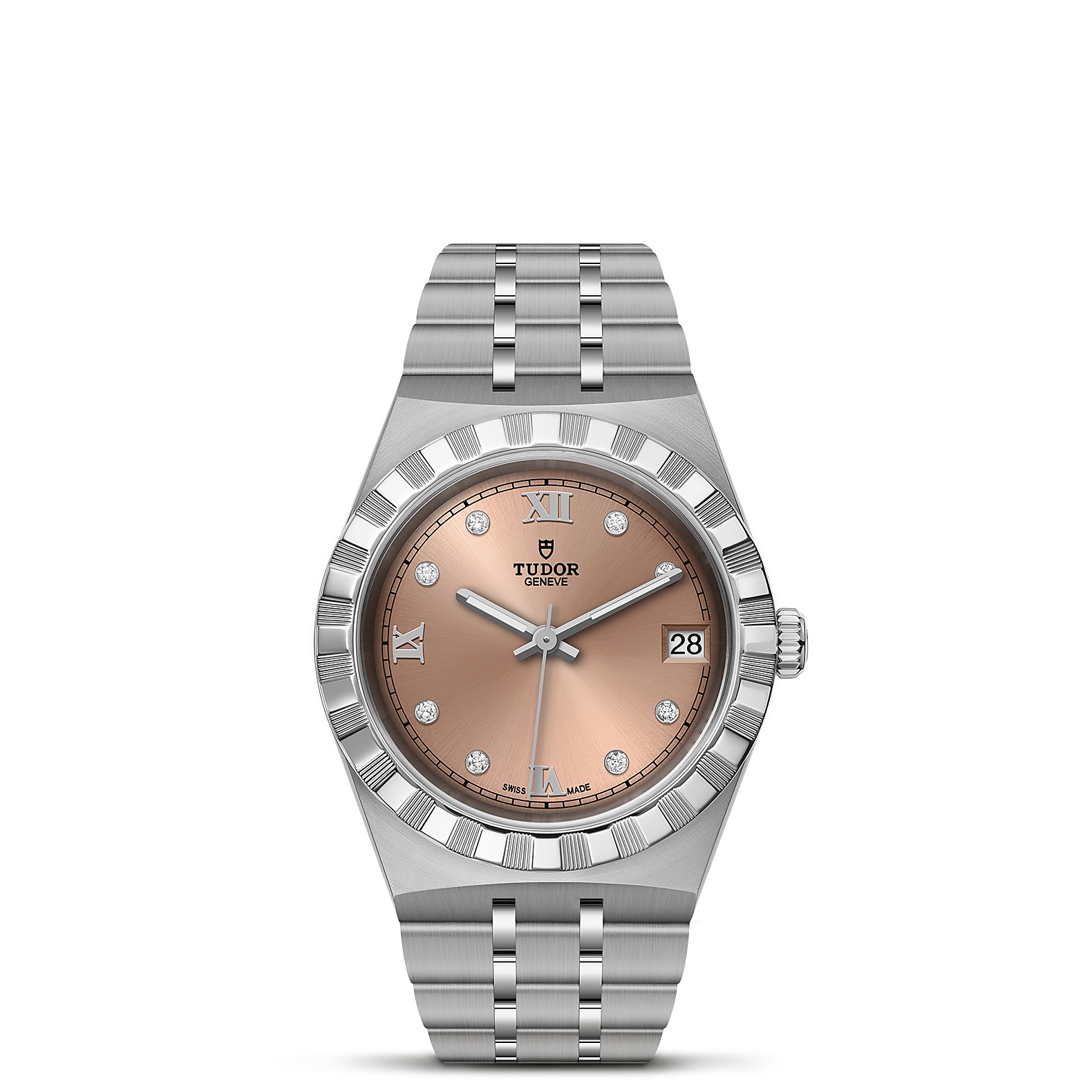 TUDOR Royal Boîtier en acier 34 mm Cadran saumon serti de diamants
