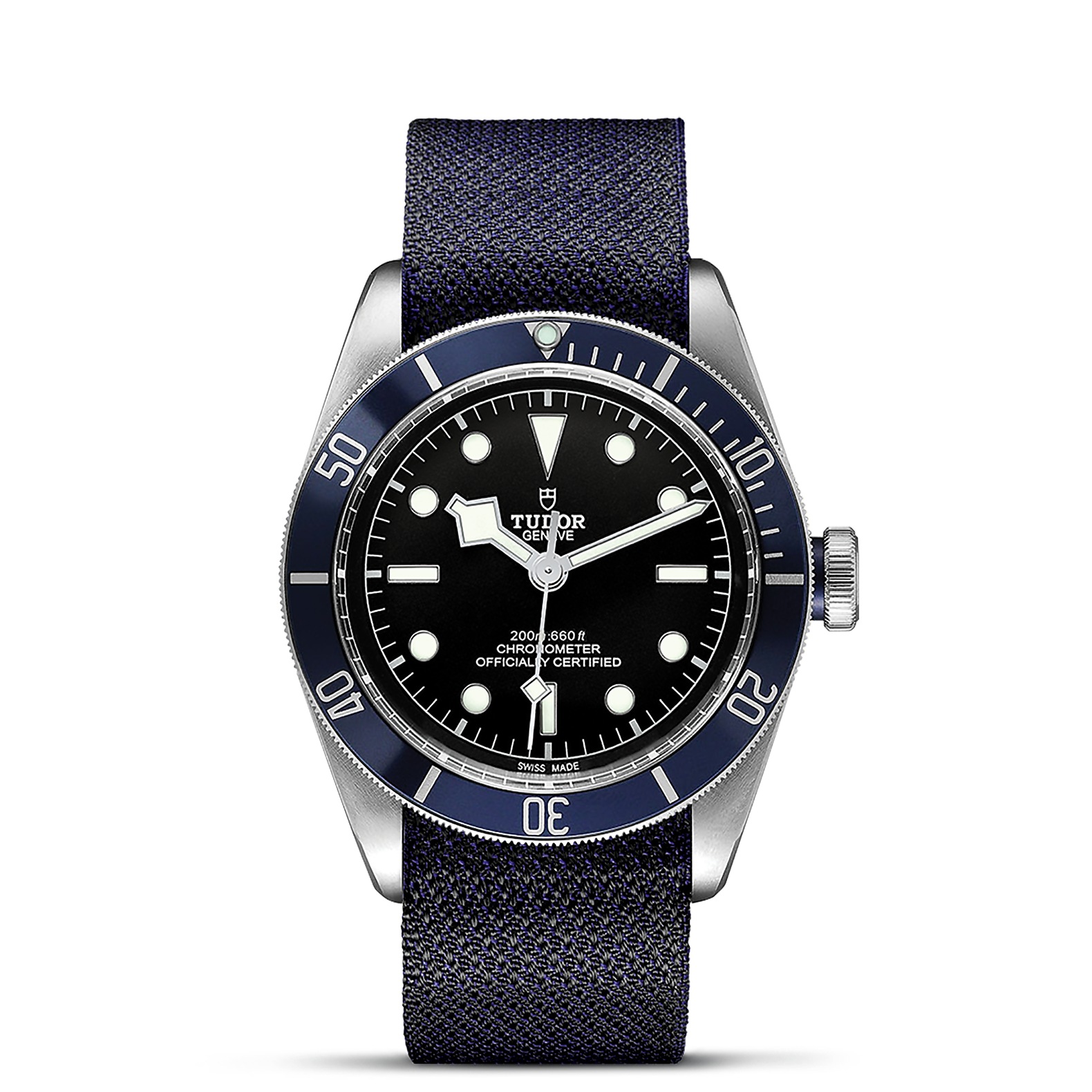 TUDOR Black Bay Boîtier en acier 41 mm Bracelet en tissu bleu Cadran Noir avec index gris