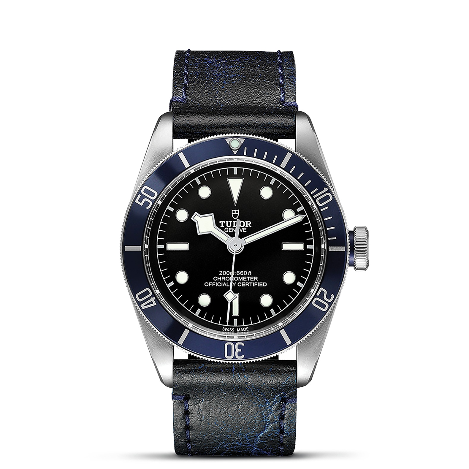 TUDOR Black Bay Boîtier en acier 41 mm Bracelet en cuir vieilli bleu Cadran Noir avec index gris