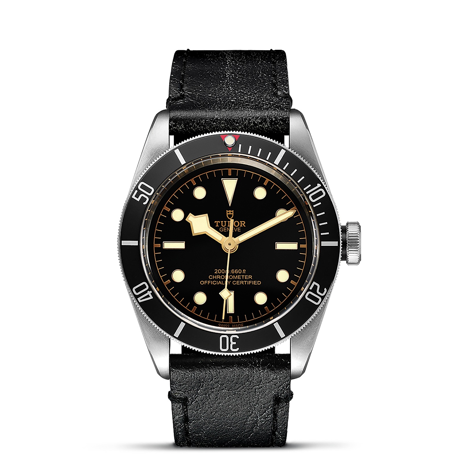 TUDOR Black Bay Boîtier en acier 41 mm Bracelet en cuir vieilli noir Cadran Noir avec index roses