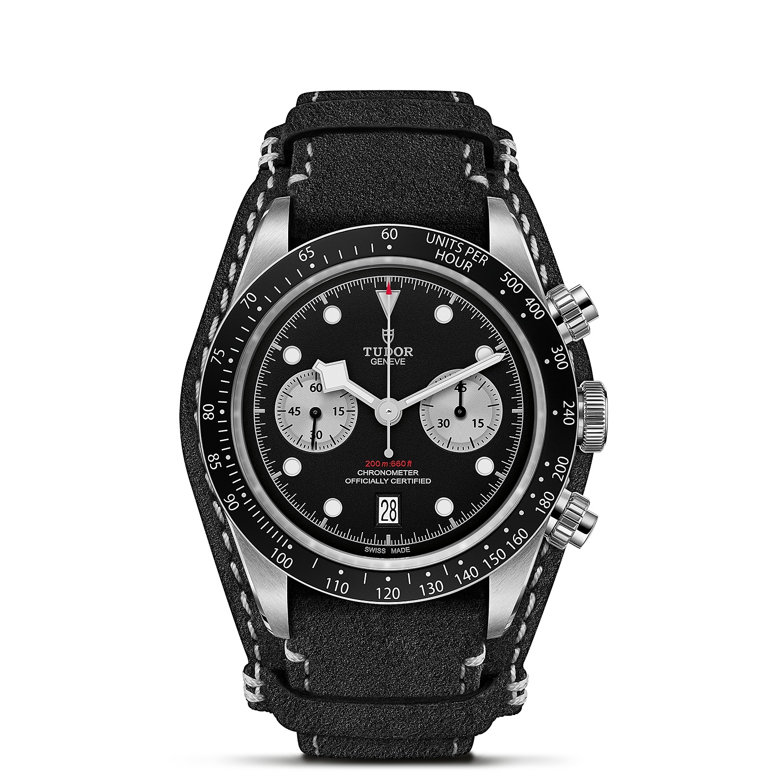 TUDOR Black Bay Chrono Boîtier en acier 41 mm Cadran Noir avec des compteurs argentés Bracelet en cuir noir