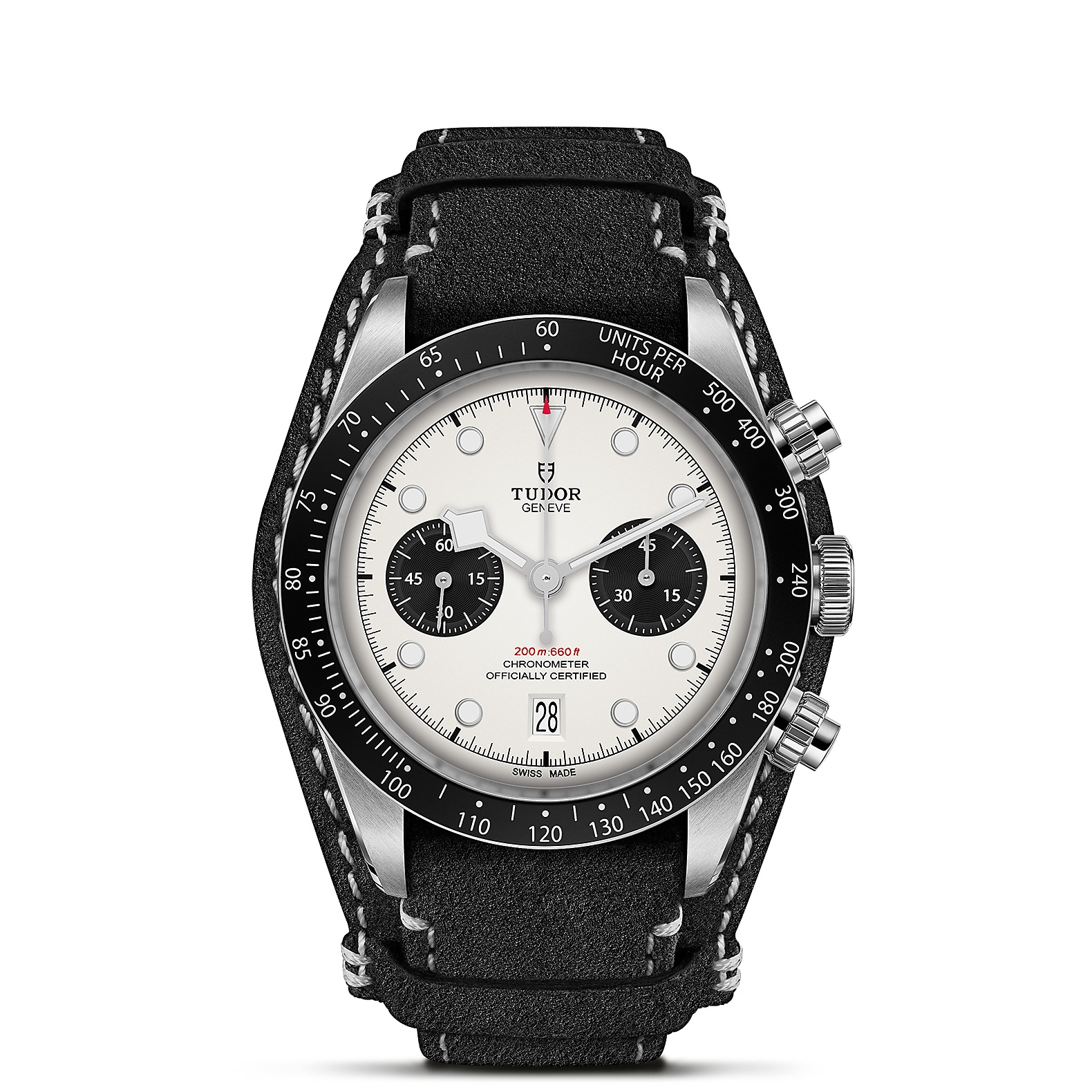 TUDOR Black Bay Chrono Boîtier en acier 41 mm Cadran Opalin avec des compteurs noirs Bracelet en cuir noir