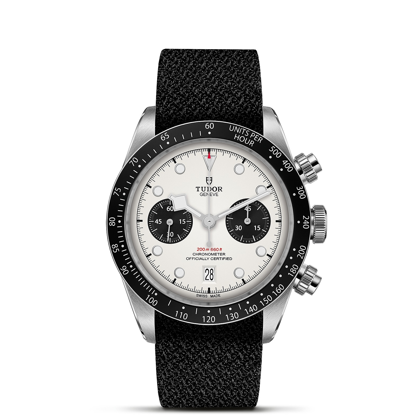 TUDOR Black Bay Chrono Boîtier en acier 41 mm Cadran Opalin avec des compteurs noirs Bracelet en tissu noir