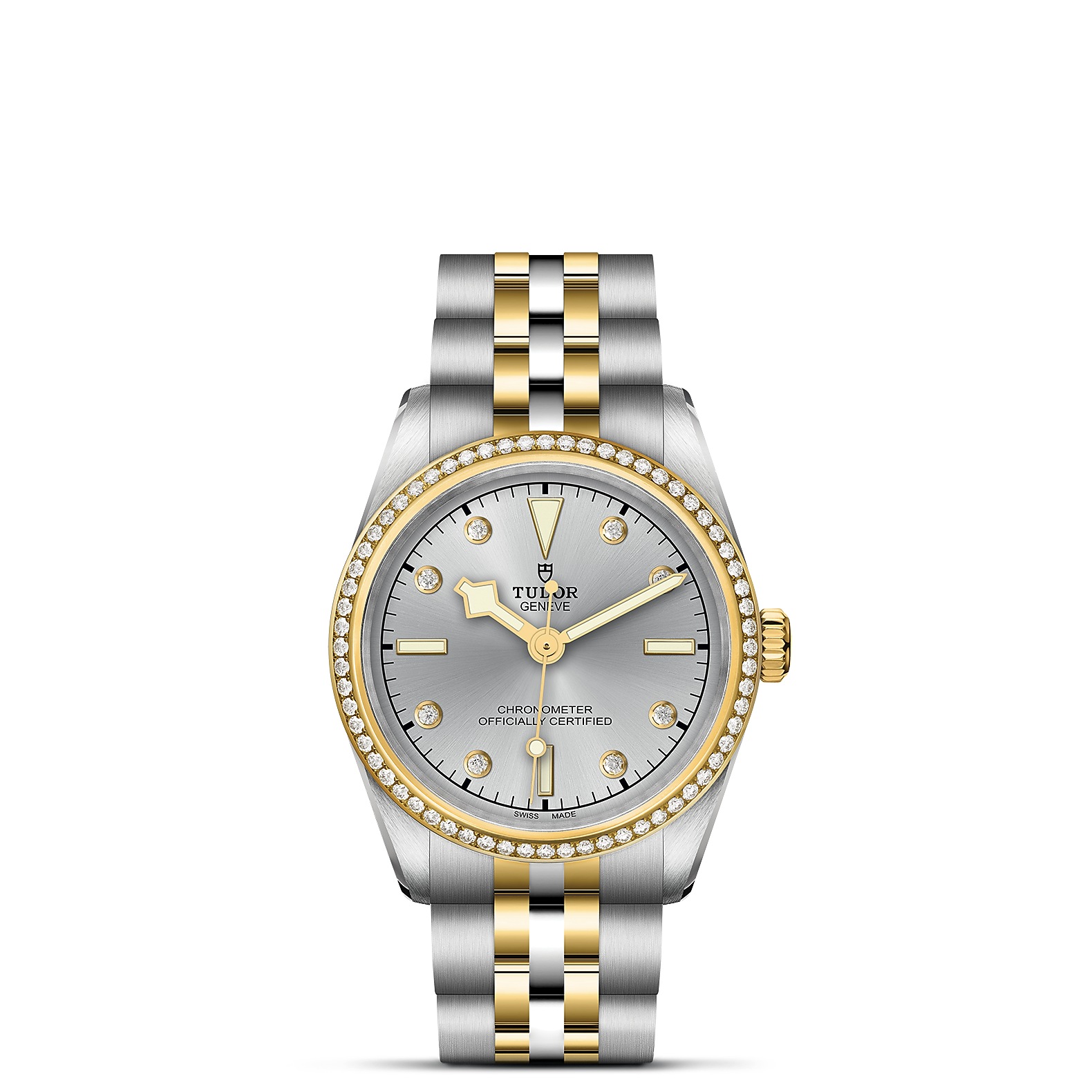 TUDOR Black Bay 31 S&G Boîtier en acier 31 mm Bracelet en acier et or jaune Lunette sertie de diamants Cadran Argenté avec index diamants