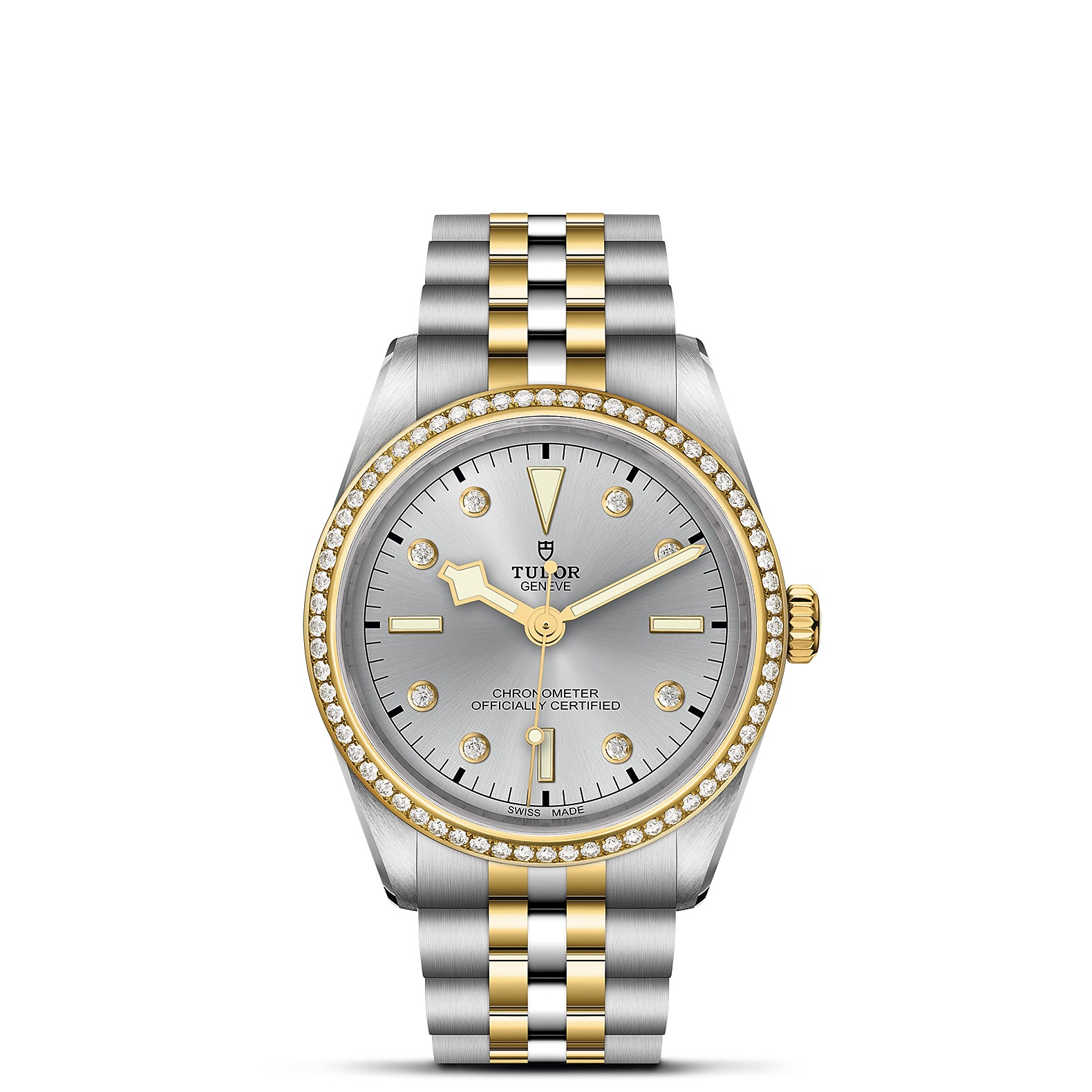 TUDOR Black Bay 36 S&G Boîtier en acier 36 mm Bracelet en acier et or jaune Lunette sertie de diamants Cadran Argenté avec index diamants