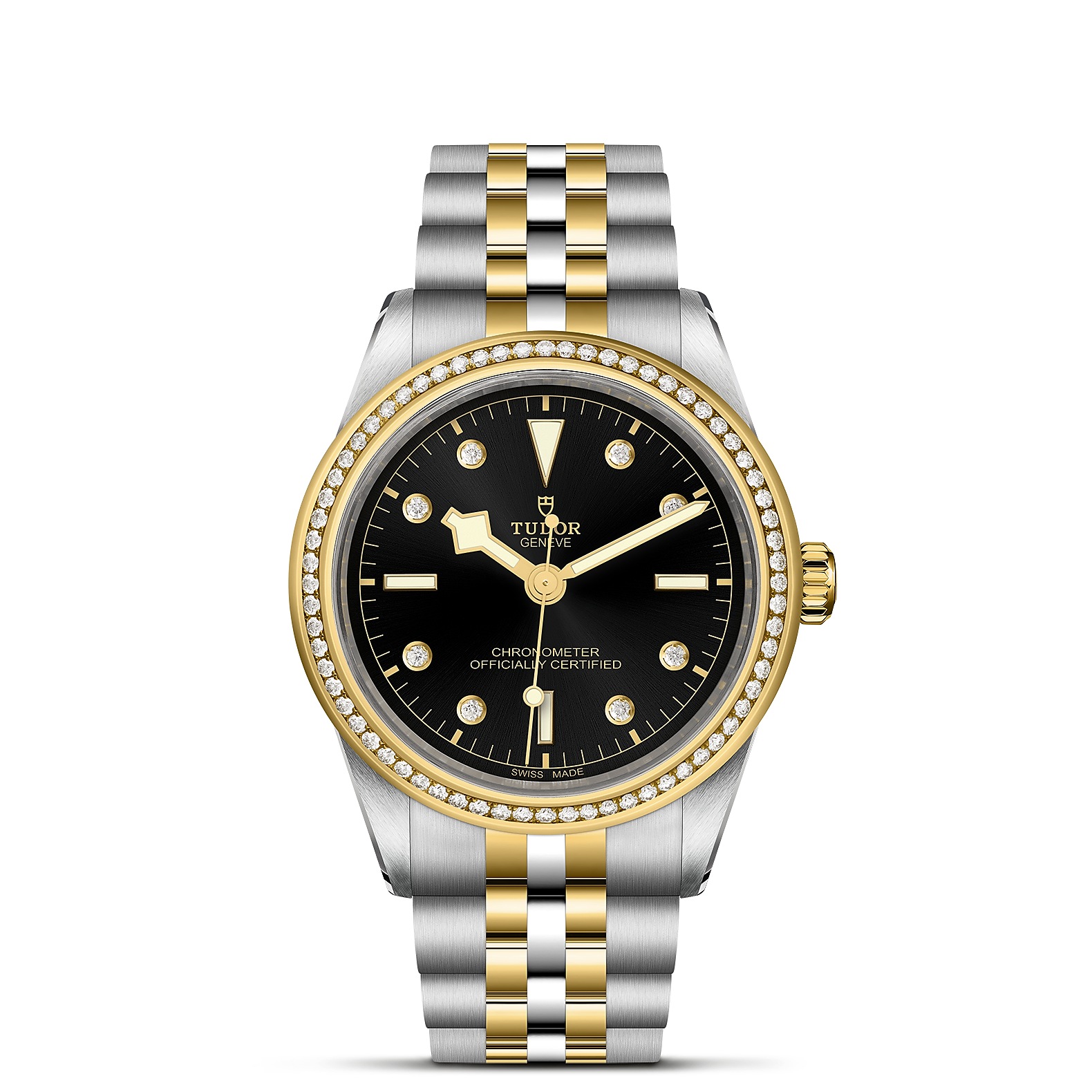 TUDOR Black Bay 39 S&G Boîtier en acier 39 mm Bracelet en acier et or jaune Lunette sertie de diamants Cadran Noir avec index diamants