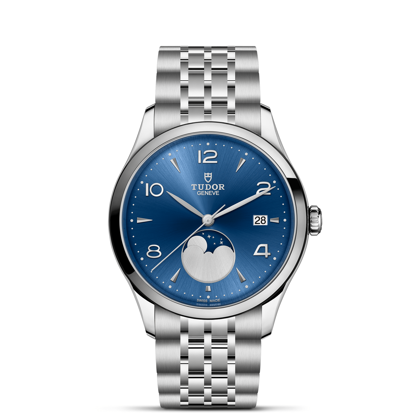 TUDOR 1926 Luna Boîtier en acier 39 mm Indicateur des phases de la lune Bracelet en acier Cadran bleu satiné