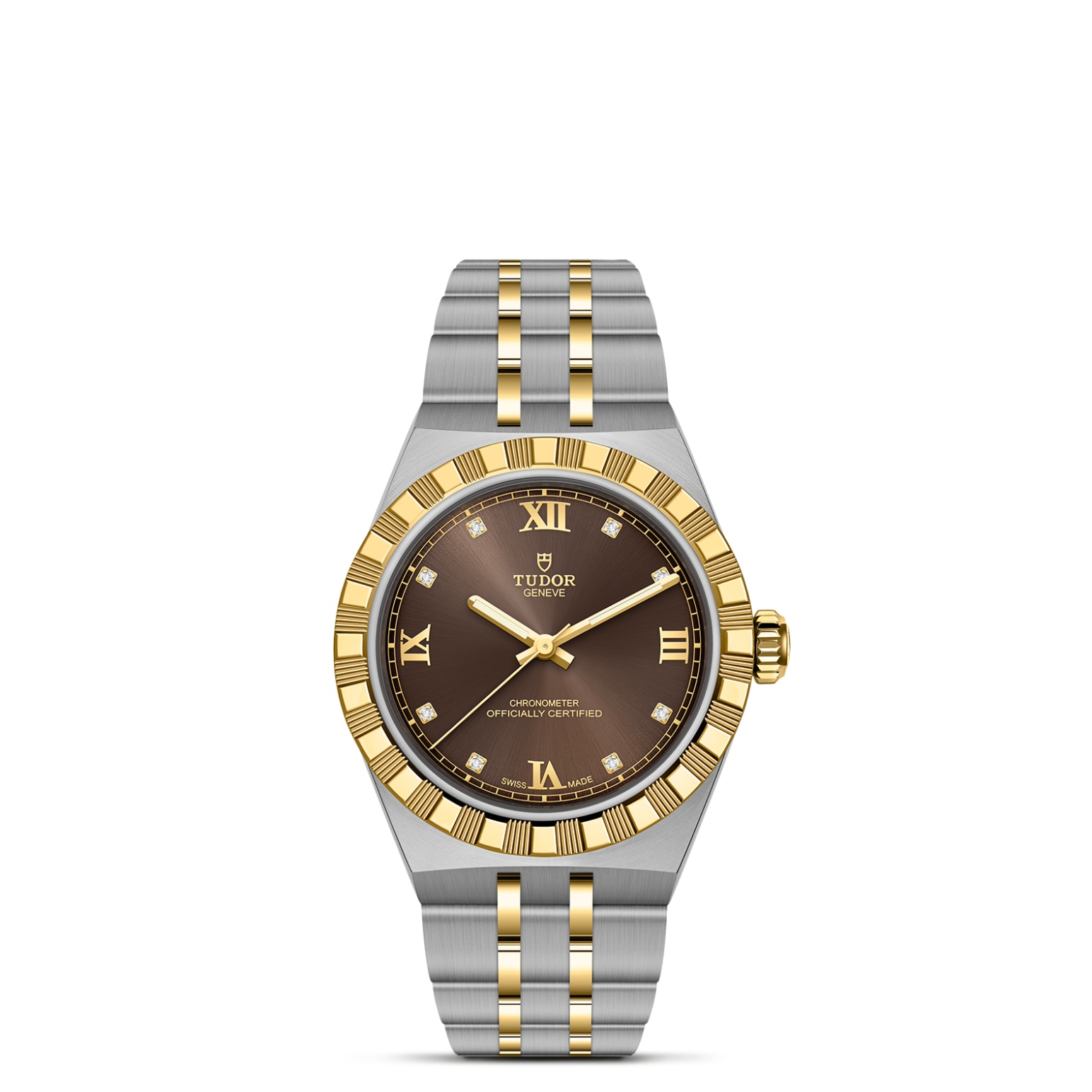 TUDOR Royal Boîtier en acier et or jaune 30 mm Bracelet en acier et or jaune Lunette en or jaune Cadran marron