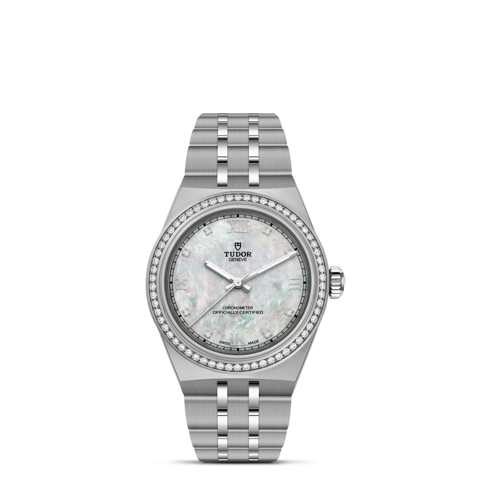 TUDOR Royal Boîtier en acier 30 mm Bracelet en acier Lunette en acier sertie de diamants Cadran nacre