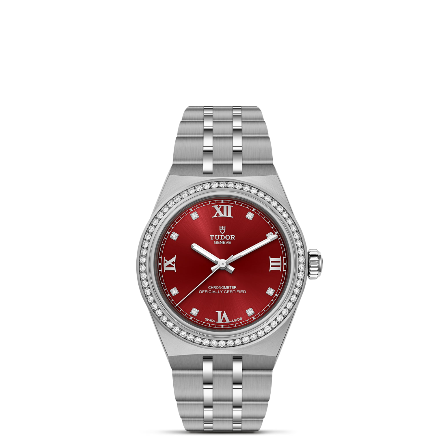 TUDOR Royal Boîtier en acier 30 mm Bracelet en acier Lunette en acier sertie de diamants Cadran bordeaux