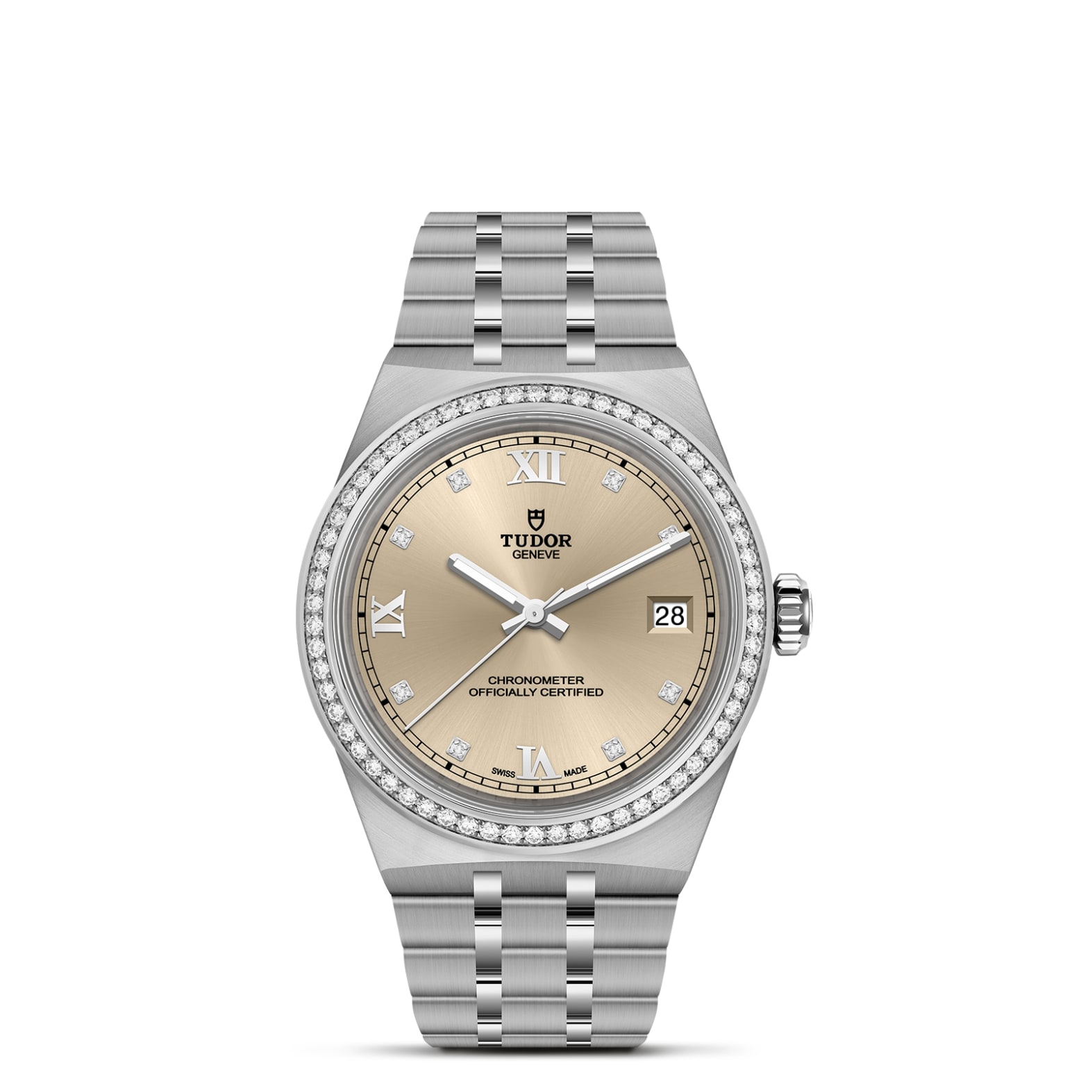 TUDOR Royal Boîtier en acier 36 mm Bracelet en acier Lunette en acier sertie de diamants Cadran ivoire