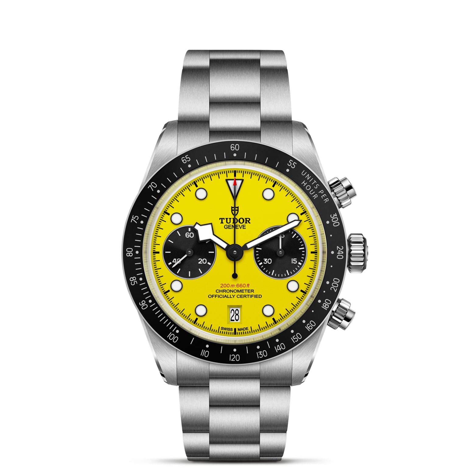 TUDOR Black Bay Chrono Boîtier en acier 39 mm Bracelet en acier à trois mailles Cadran jaune